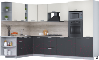 Кухонный гарнитур Интерлиния Мила Лайт 1.88x3.2 левая (персидский жемчуг/антрацит/травертин серый) - фото