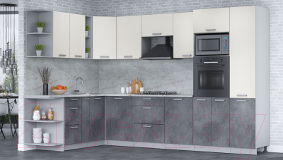 Кухонный гарнитур Интерлиния Мила Лайт 1.88x3.2 левая (персидский жемчуг/бетон портленд/серый каспий)