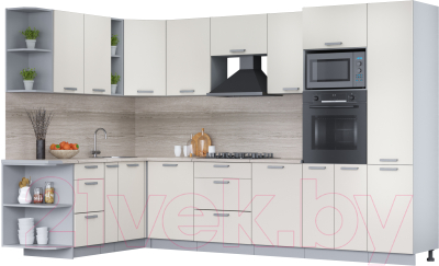 Кухонный гарнитур Интерлиния Мила Лайт 1.88x3.2 левая (персидский жемчуг/персид. жемчуг/травертин серый) - фото