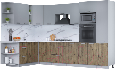 Кухонный гарнитур Интерлиния Мила Лайт 1.88x3.2 левая (серебро/дуб веллингтон/белый гранит) - фото