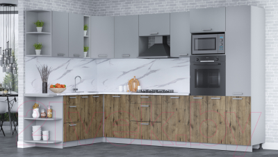 Кухонный гарнитур Интерлиния Мила Лайт 1.88x3.2 левая (серебро/дуб веллингтон/белый гранит)