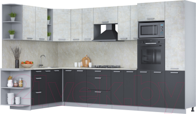 Кухонный гарнитур Интерлиния Мила Лайт 1.88x3.4 левая (бетон лайт/антрацит/опал светлый) - фото
