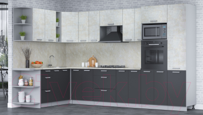 Кухонный гарнитур Интерлиния Мила Лайт 1.88x3.4 левая (бетон лайт/антрацит/опал светлый)