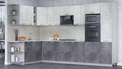 Кухонный гарнитур Интерлиния Мила Лайт 1.88x3.4 левая (бетон лайт/бетон портленд/опал светлый)