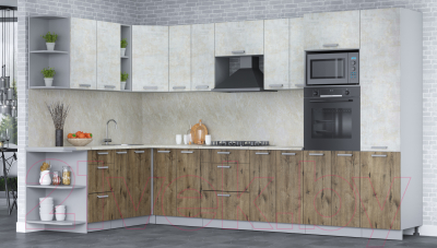 Кухонный гарнитур Интерлиния Мила Лайт 1.88x3.4 левая (бетон лайт/дуб веллингтон/опал светлый)