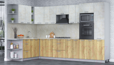 Кухонный гарнитур Интерлиния Мила Лайт 1.88x3.4 левая (бетон лайт/дуб золотой/опал светлый)