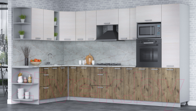 Кухонный гарнитур Интерлиния Мила Лайт 1.88x3.4 левая (вудлайн кремовый/дуб веллингтон/серый каспий)