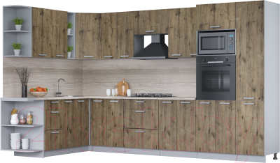 Кухонный гарнитур Интерлиния Мила Лайт 1.88x3.4 левая (дуб веллингтон/дуб веллингтон/травертин серый) - фото