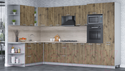 Кухонный гарнитур Интерлиния Мила Лайт 1.88x3.4 левая (дуб веллингтон/дуб веллингтон/травертин серый)