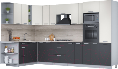 Кухонный гарнитур Интерлиния Мила Лайт 1.88x3.4 левая (персидский жемчуг/антрацит/травертин серый) - фото