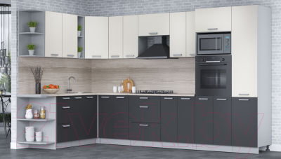 Кухонный гарнитур Интерлиния Мила Лайт 1.88x3.4 левая (персидский жемчуг/антрацит/травертин серый)