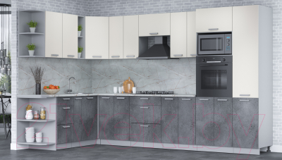 Кухонный гарнитур Интерлиния Мила Лайт 1.88x3.4 левая (персидский жемчуг/бетон портленд/серый каспий)