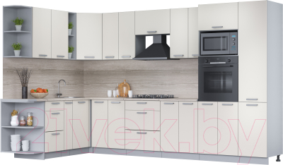 Кухонный гарнитур Интерлиния Мила Лайт 1.88x3.4 левая (персидский жемчуг/персид. жемчуг/травертин серый) - фото