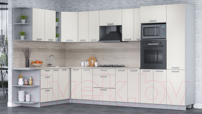 Кухонный гарнитур Интерлиния Мила Лайт 1.88x3.4 левая (персидский жемчуг/персид. жемчуг/травертин серый)