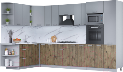 Кухонный гарнитур Интерлиния Мила Лайт 1.88x3.4 левая (серебро/дуб веллингтон/белый гранит) - фото