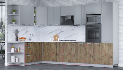 Кухонный гарнитур Интерлиния Мила Лайт 1.88x3.4 левая (серебро/дуб веллингтон/белый гранит)