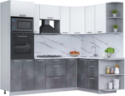 Кухонный гарнитур Интерлиния Мила Лайт 1.68x2.4 правая (белый платинум/бетон портленд/белый гранит) - фото
