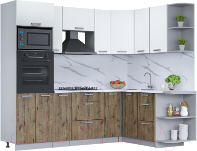 Кухонный гарнитур Интерлиния Мила Лайт 1.68x2.4 правая (белый платинум/дуб веллингтон/белый гранит) - фото