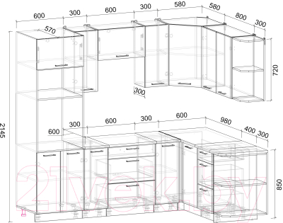 Кухонный гарнитур Интерлиния Мила Лайт 1.68x2.4 правая (белый платинум/дуб веллингтон/белый гранит)