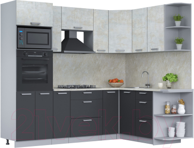 Кухонный гарнитур Интерлиния Мила Лайт 1.68x2.4 правая (бетон лайт/антрацит/опал светлый) - фото