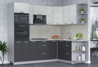 Кухонный гарнитур Интерлиния Мила Лайт 1.68x2.4 правая (бетон лайт/антрацит/опал светлый)