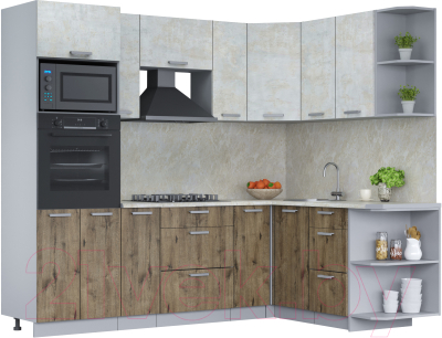 Кухонный гарнитур Интерлиния Мила Лайт 1.68x2.4 правая (бетон лайт/дуб веллингтон/опал светлый) - фото
