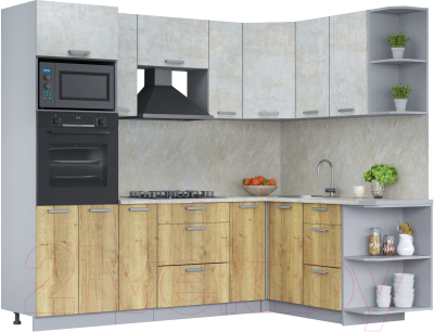 Кухонный гарнитур Интерлиния Мила Лайт 1.68x2.4 правая (бетон лайт/дуб золотой/опал светлый) - фото
