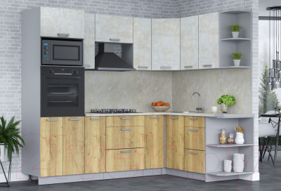 Кухонный гарнитур Интерлиния Мила Лайт 1.68x2.4 правая (бетон лайт/дуб золотой/опал светлый)