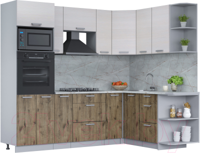 Кухонный гарнитур Интерлиния Мила Лайт 1.68x2.4 правая (вудлайн кремовый/дуб веллингтон/серый каспий) - фото