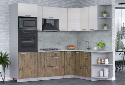 Кухонный гарнитур Интерлиния Мила Лайт 1.68x2.4 правая (вудлайн кремовый/дуб веллингтон/серый каспий)