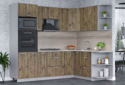 Кухонный гарнитур Интерлиния Мила Лайт 1.68x2.4 правая (дуб веллингтон/дуб веллингтон/травертин серый)