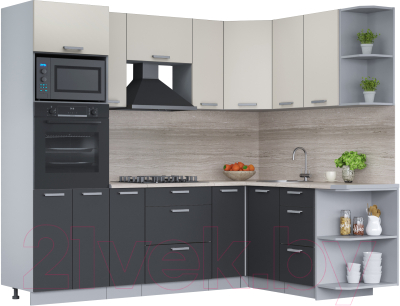 Кухонный гарнитур Интерлиния Мила Лайт 1.68x2.4 правая (персидский жемчуг/антрацит/травертин серый) - фото