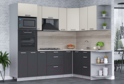 Кухонный гарнитур Интерлиния Мила Лайт 1.68x2.4 правая (персидский жемчуг/антрацит/травертин серый)