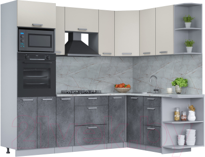 Кухонный гарнитур Интерлиния Мила Лайт 1.68x2.4 правая (персидский жемчуг/бетон портленд/серый каспий) - фото