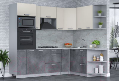 Кухонный гарнитур Интерлиния Мила Лайт 1.68x2.4 правая (персидский жемчуг/бетон портленд/серый каспий)