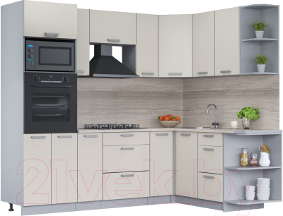 Кухонный гарнитур Интерлиния Мила Лайт 1.68x2.4 правая (персидский жемчуг/перс. жемчуг/травертин серый) - фото