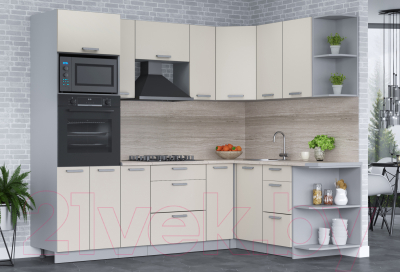 Кухонный гарнитур Интерлиния Мила Лайт 1.68x2.4 правая (персидский жемчуг/перс. жемчуг/травертин серый)