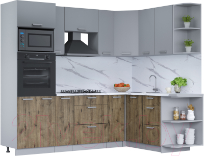Кухонный гарнитур Интерлиния Мила Лайт 1.68x2.4 правая (серебро/дуб веллингтон/белый гранит) - фото