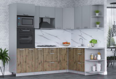 Кухонный гарнитур Интерлиния Мила Лайт 1.68x2.4 правая (серебро/дуб веллингтон/белый гранит)