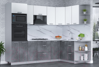 Кухонный гарнитур Интерлиния Мила Лайт 1.68x2.6 правая (белый платинум/бетон портленд/белый гранит)