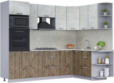 Кухонный гарнитур Интерлиния Мила Лайт 1.68x2.6 правая (бетон лайт/дуб веллингтон/опал светлый) - фото