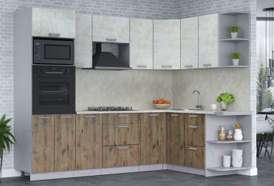 Кухонный гарнитур Интерлиния Мила Лайт 1.68x2.6 правая (бетон лайт/дуб веллингтон/опал светлый)