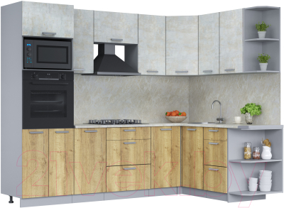 Кухонный гарнитур Интерлиния Мила Лайт 1.68x2.6 правая (бетон лайт/дуб золотой/опал светлый) - фото