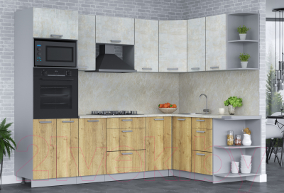 Кухонный гарнитур Интерлиния Мила Лайт 1.68x2.6 правая (бетон лайт/дуб золотой/опал светлый)