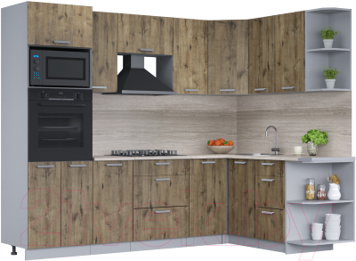 Кухонный гарнитур Интерлиния Мила Лайт 1.68x2.6 правая (дуб веллингтон/дуб веллингтон/травертин серый) - фото