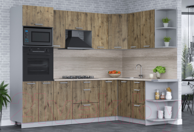 Кухонный гарнитур Интерлиния Мила Лайт 1.68x2.6 правая (дуб веллингтон/дуб веллингтон/травертин серый)