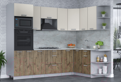 Кухонный гарнитур Интерлиния Мила Лайт 1.68x2.6 правая (персидский жемчуг/дуб веллингтон/серый каспий)