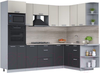 Кухонный гарнитур Интерлиния Мила Лайт 1.68x2.6 правая (персидский жемчуг/антрацит/травертин серый) - фото