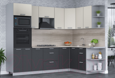 Кухонный гарнитур Интерлиния Мила Лайт 1.68x2.6 правая (персидский жемчуг/антрацит/травертин серый)