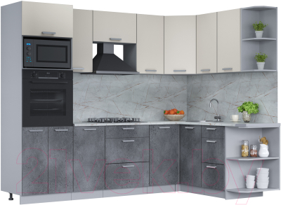 Кухонный гарнитур Интерлиния Мила Лайт 1.68x2.6 правая (персидский жемчуг/бетон портленд/серый каспий) - фото